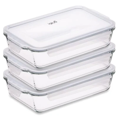 Afbeelding van Igluu Meal Prep Set van 3 glazen lasagneschalen met luchtdicht deksel druksluiting Grote rechthoekige ovenschaal BPA vrij, magnetron, vriezer en vaatwasser 2,2 l