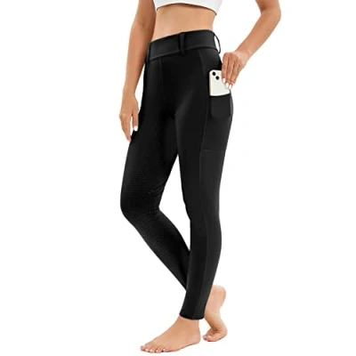 Afbeelding van Rijlegging voor dames met zak mobiele telefoon, hoge taille, stretch riemlussen, zwart.