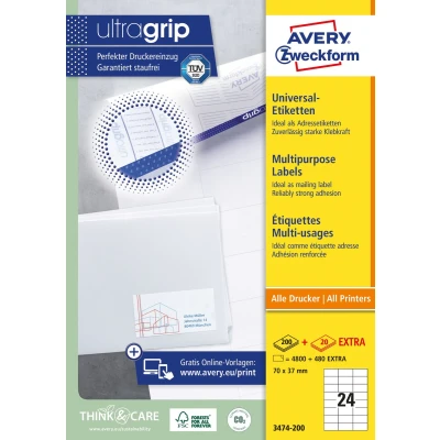 Afbeelding van Etiket Avery Zweckform 3474 200 70x37mm wit 4800stuks
