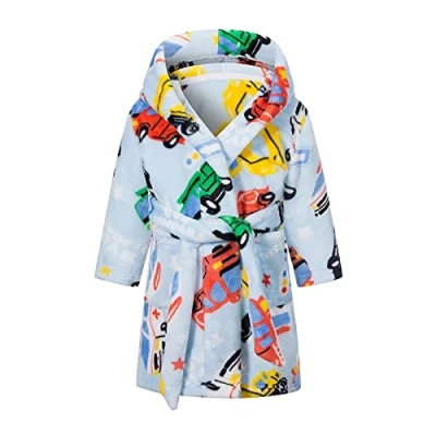 Afbeelding van Baogaier Badjas voor kinderen, met capuchon, kamerjas, jongens, meisjes, zacht, pyjama, nachtkleding, tieners, dierenprint, fleece, riem en zak, baby, peuters, 1 7 jaar, Blauwe auto