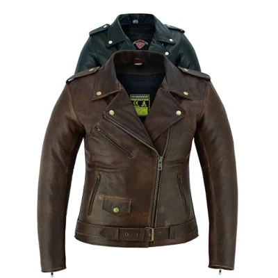 Afbeelding van Marlon Brando Leren motorjack voor dames, tourmotorjas met echte bikerbescherming, CE Armor (EN 1621 1), Texpeed bruin, M