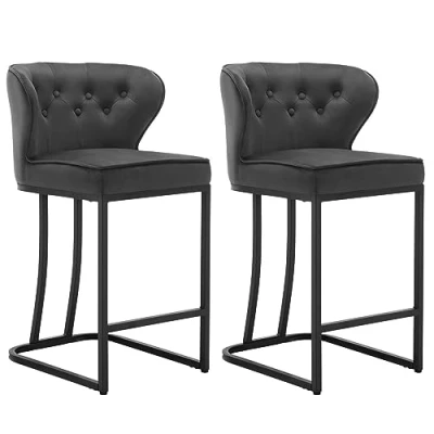 Afbeelding van WOLTU Set van 2 barkrukken met rugleuning, eetkamerstoel voetensteun, ergonomische stoel voor keuken, slaapkamer, woonkamer, fluwelen en metalen poten, donkergrijs, BH383dgr