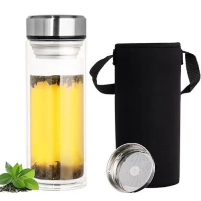 Afbeelding van BELLE VOUS double glass wall water Bottle 1000ml with tea strainer &amp; protective cove