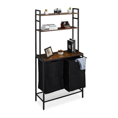 Afbeelding van Relaxdays Wasrek met 2 uittrekbare vakken, h x d: 162 80 34 cm, planken, wasmand, zwart/bruin