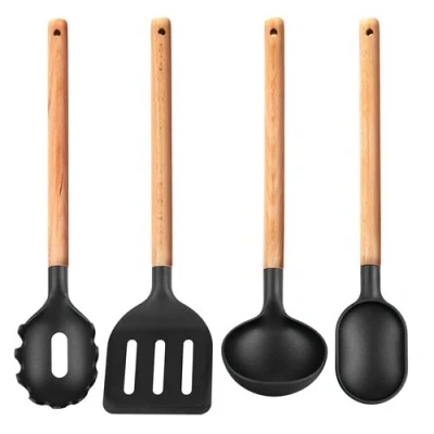 Image de Jeu de 4 Ustensiles Cuisine, en Hêtre et Nylon, Résistant jusqu&#039;à 210˚C, Smile, SAK 3, , Noir