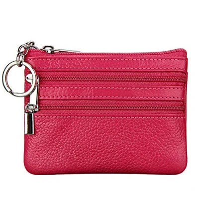Afbeelding van Portemonnee van echt leer voor dames met sleutelhanger, Roze, Minimalistisch