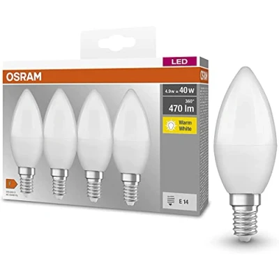 Image de Osram Lamps Lot de 4 ampoules LED Base Classic B en forme bougie avec culot E14 Intensité non variable Remplace 5,5 W = 40 Mat Blanc chaud 2700 K