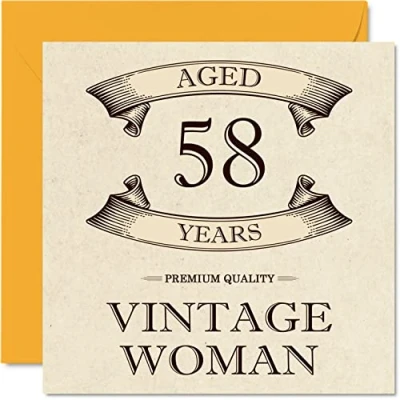 Afbeelding van Vintage verjaardagskaarten voor vrouwen, 58 jaar, grappige verjaardagskaart moeder, zus, vrouw, vriendin, oma, tante, 145 mm x mm, wenskaart 58e kaart