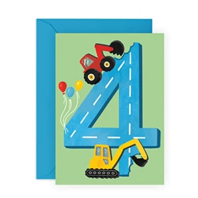 Afbeelding van Central 23 Vierde verjaardagskaart voor jongens Happy 4th Birthday 4 jaar tractorwenskaart grappige kaart over bouwvoertuigen kinderen zoon,