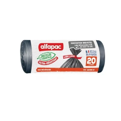 Image de ALFAPAC Sacs Poubelle à Lien Large Ultra Résistant 74% Recyclé et 15% Végétal Fabrication Française 20 x 20L, Noir