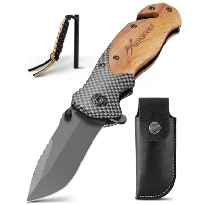 Afbeelding van BERGKVIST K19 klapmes, mes van hout en titanium voor outdoor survival, 3 in 1 overlevingsmes met glasbreker riemsnijder