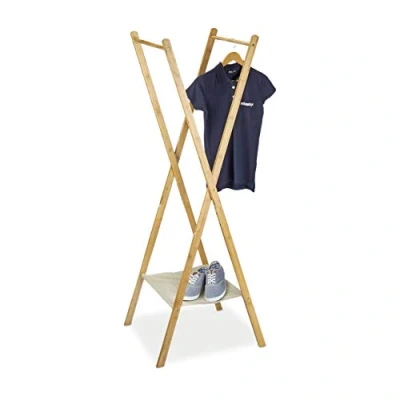 Afbeelding van relaxdays kledingrek bamboe met schoenenplank opklapbaar garderobe hout