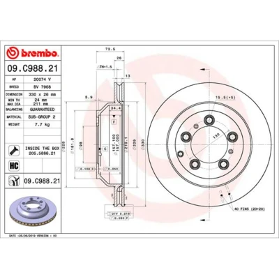 Afbeelding van BREMBO 09.C988.21 Remschijf 330 26 5 interne ventilatie Gecoat High carbon Met schroeven