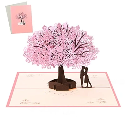Afbeelding van Vicloon 3D Pop Up Card, Romantische Liefhebbers Card met Koppels Onder Cherry Tree, Anniversary Valentijnsdag Kaart, Trouwkaart, Verjaardagskaart Envelop voor Vrouw Man Vriendin Moeder