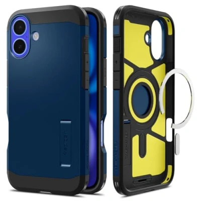 Image de Spigen Tough Armor AI MagFit Coque de protection pour téléphone portable compatibilité avec MagSafe polycarbonate, polyuréthanne thermoplastique (TPU), mousse à impact bleu marine Apple iPhone 16