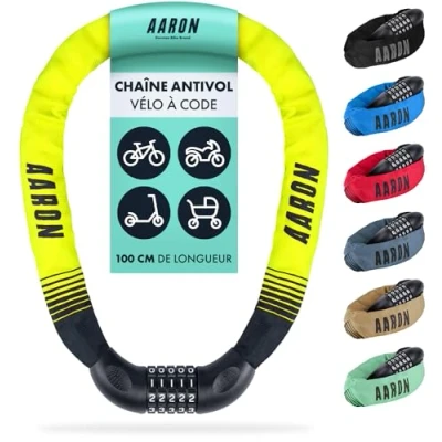 Afbeelding van AARON Lock One fietsslot met 5 cijferige cijfercode, kettingslot van staal en hoog veiligheidsniveau, voor e bike, mountainbike, trekkingfiets, geel