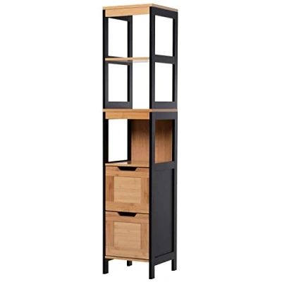 Afbeelding van HOMCOM knusse stijl badkamer opbergkast, donker. 30 x 144 cm (l b h), 3 planken, 2 laden, bamboe, MDF, zwart