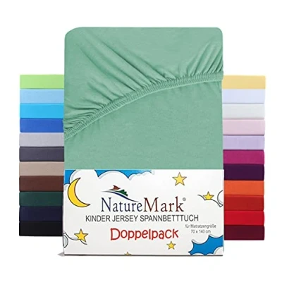 Afbeelding van NatureMark Jersey hoeslaken voor kinderen, set van 2, 100% katoen, babybed en kinderbed, 70 x 140 cm, jadegroen