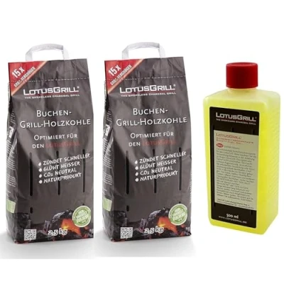 Afbeelding van LotusGrill 2 x 2,5 kg houtskool van beukenhout + brandpasta elk 500 ml voor rookvrij grillen met de