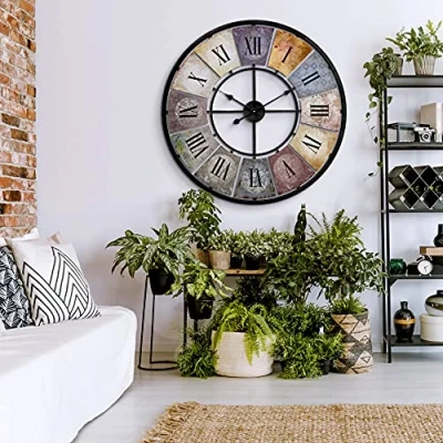 Afbeelding van Grote vintage wandklok, retro, XXL, antieke metalen klok, roestvrij staal, shabby chic, Romeinse cijfers, groot voor woonkamer muur, diameter van 80 cm, Wall Art (metaal kleurrijk)