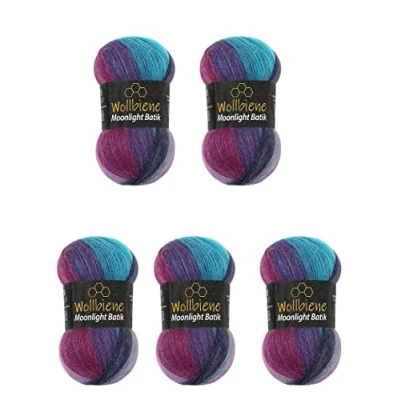 Afbeelding van Wollbiene Moonlight Batik Breiwol, 5 x 100 g, totaal 500 20% Turkse wol, kleurverloop (5960 bessen, paars, turquoise)