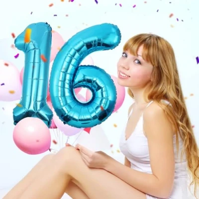 Afbeelding van Verjaardagsballon in de vorm van een cijfer 16, aluminium, maat XXL, 101 cm, enorme aluminium verjaardagsdecoratie (cijfer 16), opblaasbare helium
