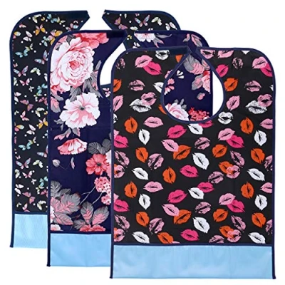 Image de BTSKY Lot de 3 bavoirs imperméables réutilisables pour adulte Protection lavable avec récupérateur miettes (fleur, lèvre, papillon)