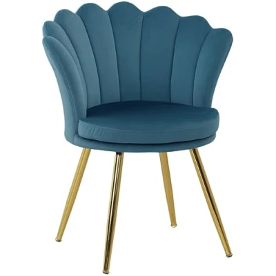 Afbeelding van HOMCOM Fauteuil Coquillage Chaise Coiffeuse en Velours de Salon avec Pieds métal doré pour Chambre et Salle à Manger 67l x 64P 77H cm Bleu