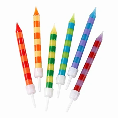Afbeelding van 24 kleurrijke gestreepte verjaardagskaarsen met standaard Rainbow Cake Topper, decoraties voor kinderfeesten, feesttaarten
