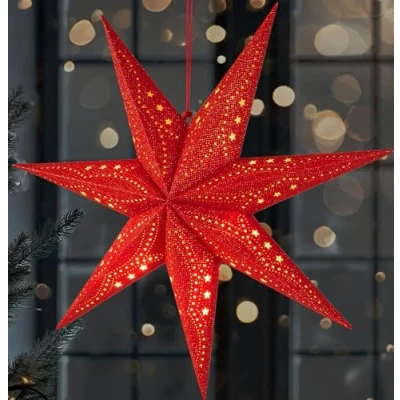 Afbeelding van BRUBAKER 3D kerstster om op te hangen, led adventskalender van papier met timer, modern motief, werkt batterijen en verlichting, kerstdecoratie voor ramen, rood