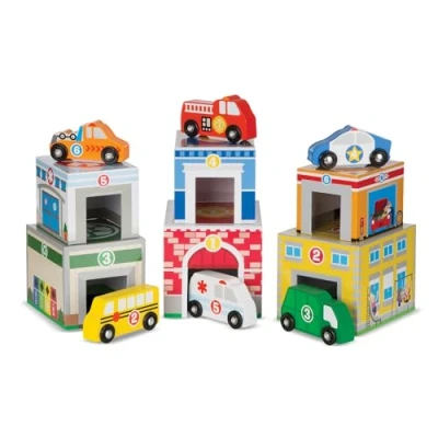 Afbeelding van Melissa &amp; Doug Stapel en sorteerblokken 6 gebouwen houten voertuigen