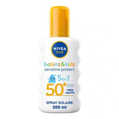 Image de NIVEA SUN Kids Spray solaire Protect &amp; Play Sensitive FPS 50+ (1x200 ml), protection sans parfum ultra résistante à l’eau, écran enrichi en aloe vera