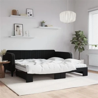 Afbeelding van vidaXL Slaapbank onderschuifbed en matrassen 100x200 cm fluweel zwart
