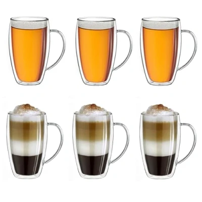 Afbeelding van Creano Theeglas, koffieglas, dubbelwandig, thermisch glas, met handvat, groot, van borosilicaatglas, 6 x 400 ml