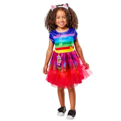 Afbeelding van Rubies Gabbys Dollhouse Rainbow kostuum voor meisjes, regenboogjurk met bedrukte details en hoofdband oren, officieel Gabby carnaval, Kerstmis, verjaardag, feestjes Halloween.