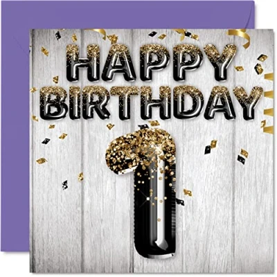 Afbeelding van Stuff4 Verjaardagskaart jongens Zwarte en gouden glitterballonnen Verjaardagskaarten voor van 1 jaar, zoon, broer, kleinzoon, neef, 145 mm x