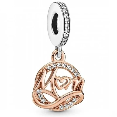 Afbeelding van Pandora Infinity Charm Icons en opschrift &quot;Mom&quot; van 14 karaat roségoud verguld metaal sterling zilver met transparante zirkonia, Roségoud, Zirkonia