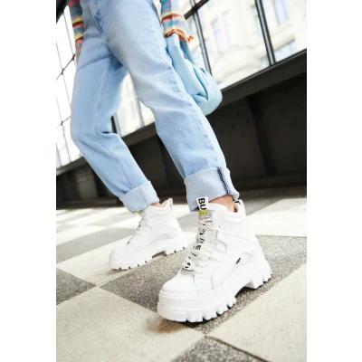 Afbeelding van Buffalo Aspha MID Enkellaarsjes met plateauzool, Dames, Maat: 39, White Hoogwaardig imitatieleer