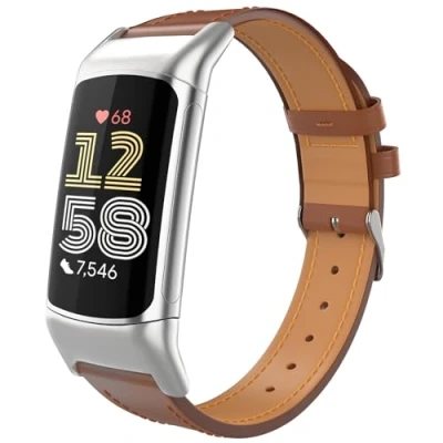 Afbeelding van TiMOVO Leren armband, compatibel met Fitbit Charge 6/Fitbit 5, klassieke reservearmband van echt volnerfleer, voor dames en heren