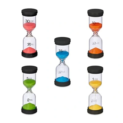 Afbeelding van Relaxdays zandloper set 5 delig theetimers 16 x 5,5 cm douchetimers kleurrijk