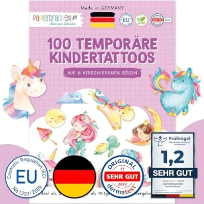 Afbeelding van 100 tatoeages om op te plakken, huidvriendelijke kindertatoeages, kindvriendelijke motieven, cadeau voor verjaardag, idee, veganistisch, zeemeermin