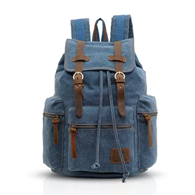 Afbeelding van FANDARE Vintage rugzakken, schoolrugzak, canvas, dagrugzak, schooltas voor 14 inch laptoptassen, heren en dames, werk, wandelen, reizen, kamperen, blauw, L