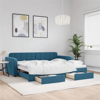 Afbeelding van vidaXL Slaapbank met onderschuifbed en lades 90x200 cm fluweel blauw