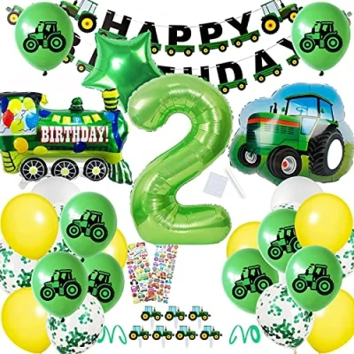 Afbeelding van BECILES Verjaardagsdecoratie met tractor thema, groene folieballon getal “2, tractor, tractorballonnen, Happy Birthday slinger tractors, voor kinderverjaardag, verjaardagsdecoratie, “2