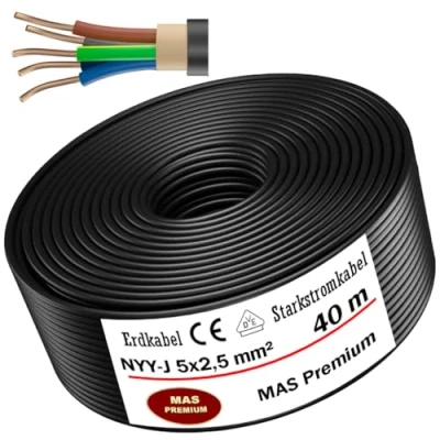 Afbeelding van MAS Premium® Aardingskabel voor elektrische stroomvoorziening standaard van het Duitse merk, ring installatie in de grond en buiten, Made Germany (NYY J 5 x 2,5 mm², 40 m)