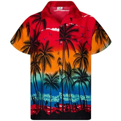 Afbeelding van King Kameha Funky Hawaïhemd voor heren, korte mouwen, voorzak, Hawaii print, strand, palmenprint, Red Beach