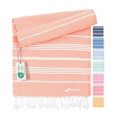 Afbeelding van Fit Flip Hamam Strandhanddoek, Fouta van 100% katoen, licht Turks laken, sneldrogend, perfect accessoire als XXL strandlaken of pareo, perzik, 100 x 200 cm, sultan