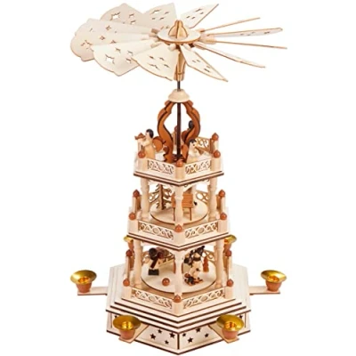 Afbeelding van BRUBAKER Kerstpiramide Draaiende piramide van hout met 3 verdiepingen Kerstdecoratie etages 44 cm hoog Handbeschilderde figuren Kerstmis Natuurbruin