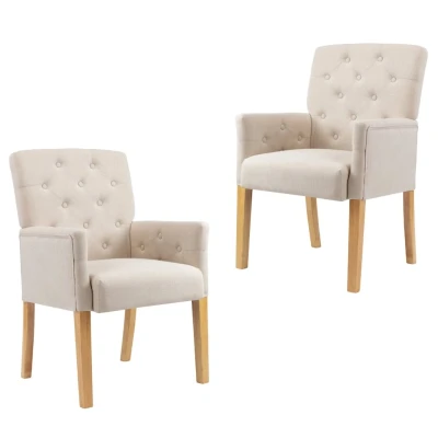 Afbeelding van Eetkamerstoelen 2 st met armleuningen stof beige