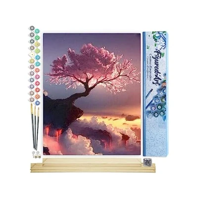 Afbeelding van Figured&#039;Art Schilderen op Nummer Volwassenen canvas Roze Boom Handwerk acrylverf Kit DIY Compleet 40x50cm met houten lijst